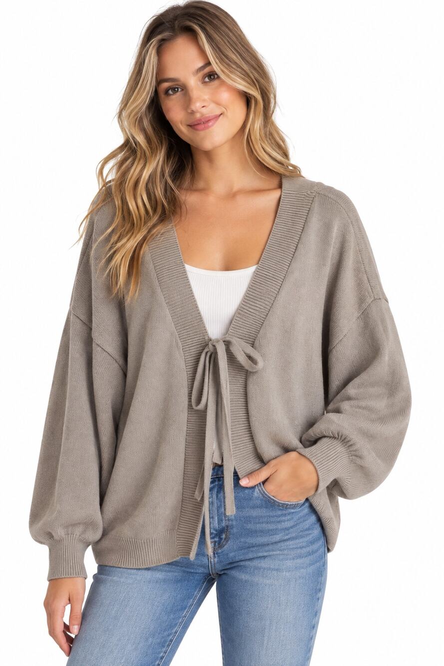 FP Beach Tie Front Cardigan Sweater Taupe Brown XL Oversized Coastal Boho